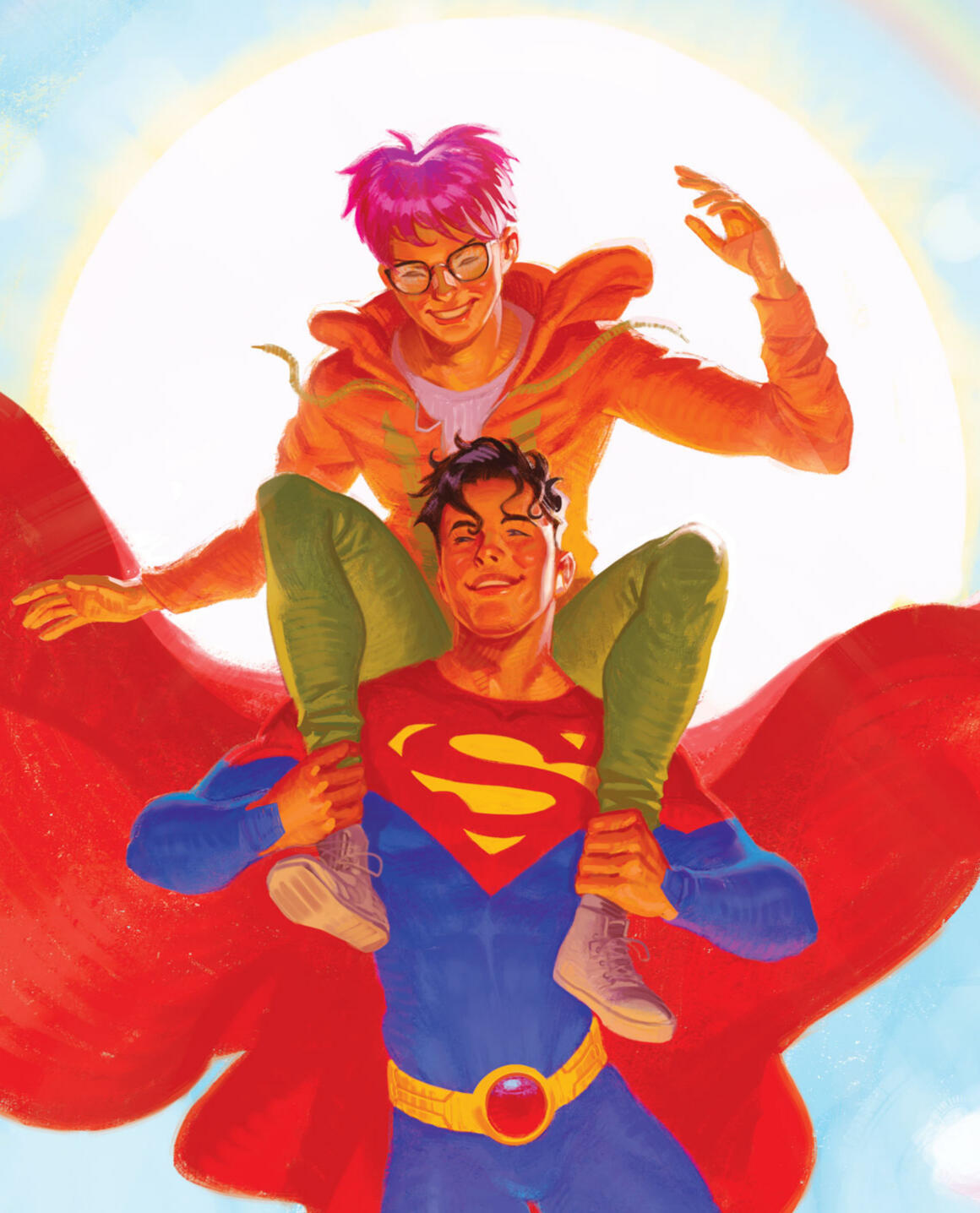 jon carrying jay on his shoulders, flying high in the air. they are both smiling
